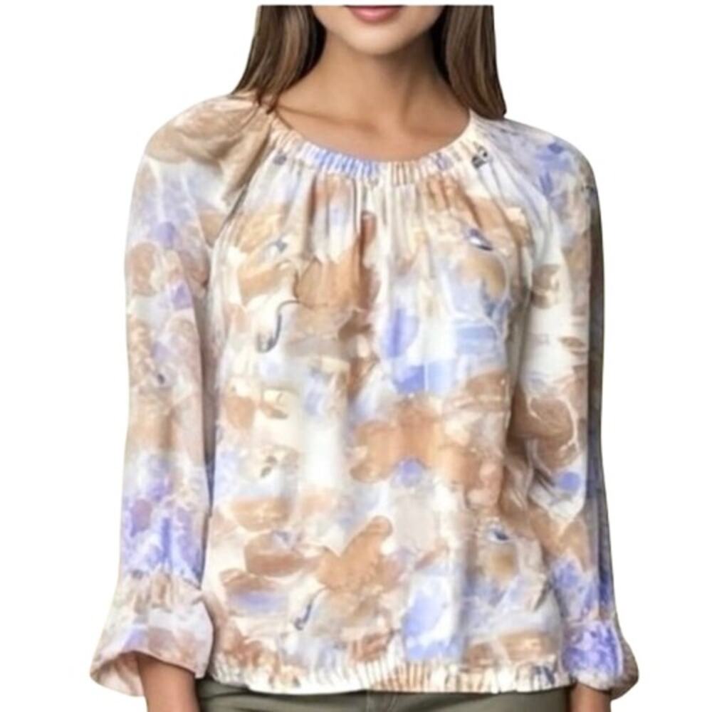 EUC Nine West Long Sleeve Beige/Blue Print Chiffon Blouse. Size M.